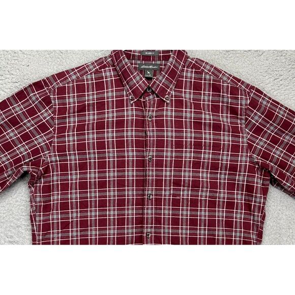 Eddie Bauer Shirt Mens Medium Maroon Plaid Button Down Relaxed Fit Long Sleeve